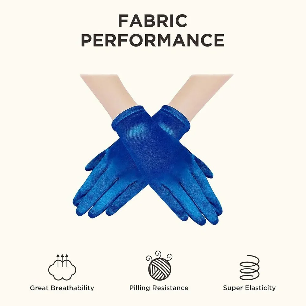 Women's Short Blue Satin Silk Gloves Banquet Wedding Party Costume Accessories